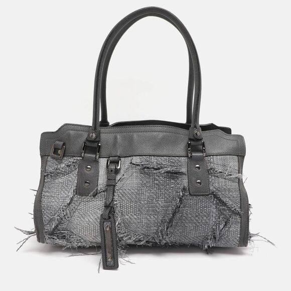 Burberry Grey Leather And Woven Patchwork Straw Satchel